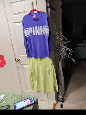 PINK Victoria's Secret Light Yellow Crewneck Tee with Purple Accent